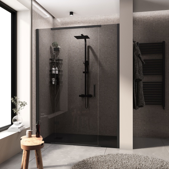 havana black 1400 inline hinged recess shower door smoked glass