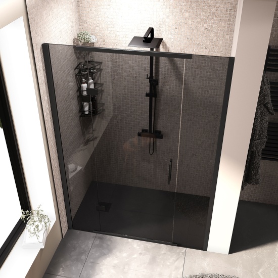 havana black 1400 inline hinged recess shower door smoked glass