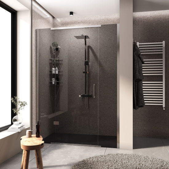 havana chrome 1400 inline hinged recess shower door smoked glass