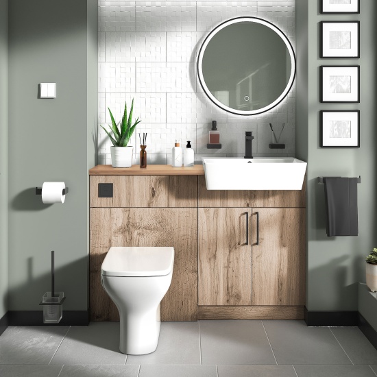 oliver 1200 oak vanity and toilet package black handles