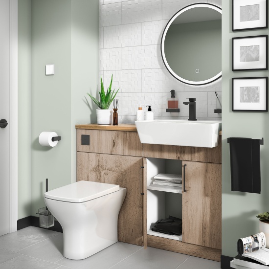 oliver 1200 oak vanity and toilet package black handles