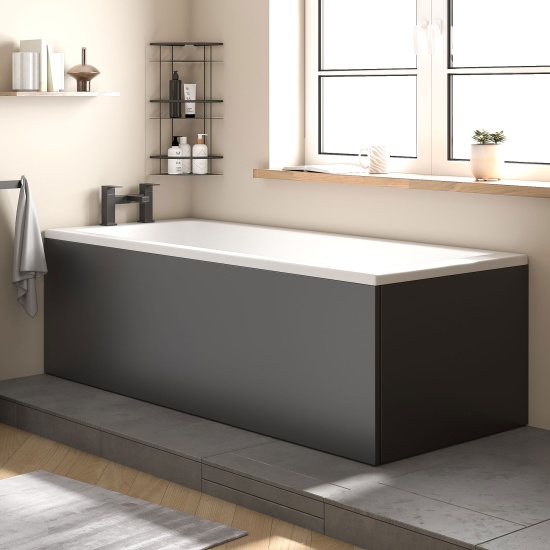 jasmine black 1000mm vanity unit with black handles, btw toilet unit and 1700 & 1800mm bath