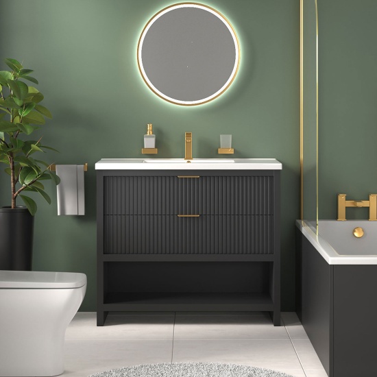 jasmine corner shower suite with black 1000mm vanity unit wc toilet unit gold