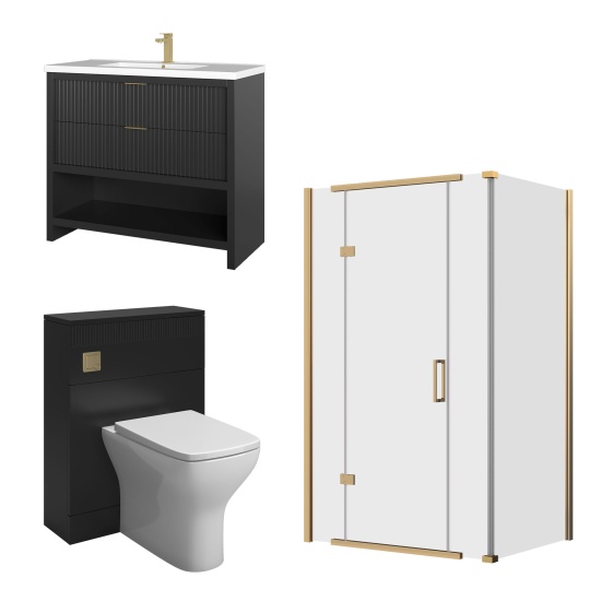 jasmine corner shower suite with black 1000mm vanity unit wc toilet unit gold