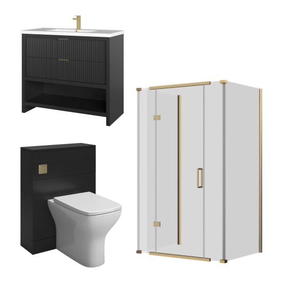 jasmine 3 sided shower suite with black 1000mm vanity unit wc toilet unit gold