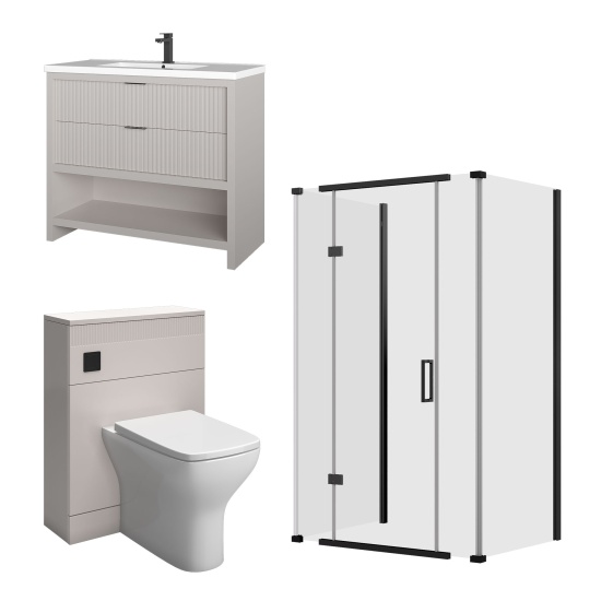 jasmine 3 sided shower suite with cashmere 1000mm vanity unit wc toilet unit black