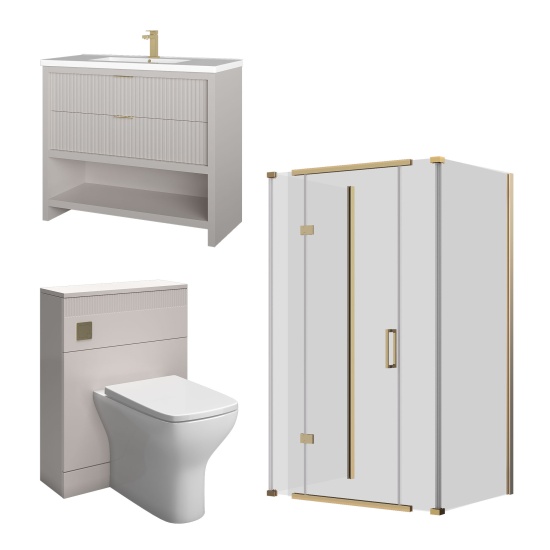 jasmine 3 sided shower suite with cashmere 1000mm vanity unit wc toilet unit gold