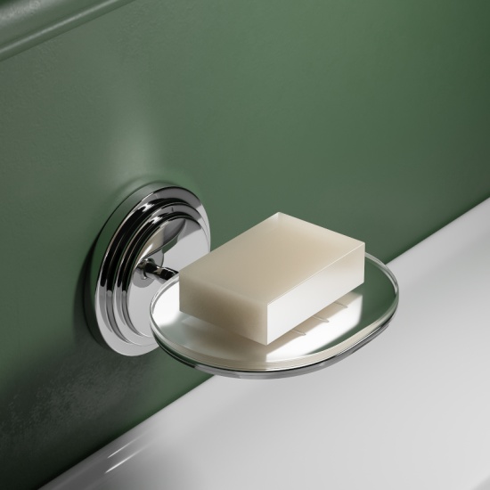 Chrome Soap installed on a green wall with wall bracket and dish displaying soap