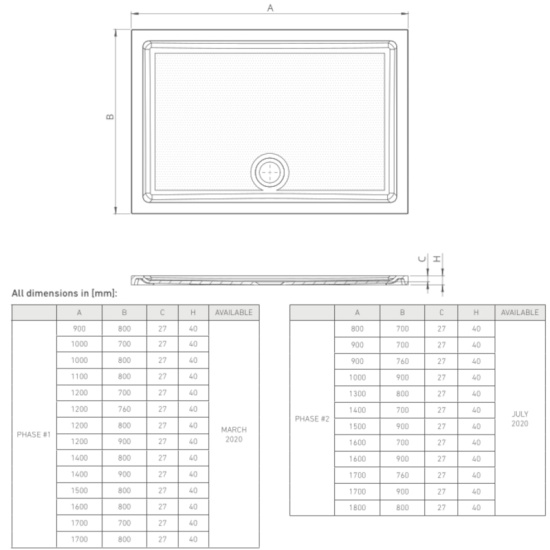 Technical Drawings showing Dimensions for Rectangular Shower Trays (900 - 1700mm)