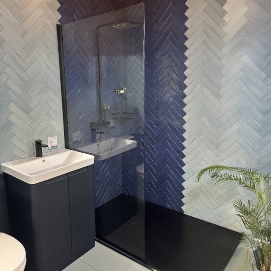 Showroom Lifestyle Image for Radiant Black 1800 Walk-in Shower Enclosure for Recess with Slate Tray: Optional Hinge Panel, Optional Waste