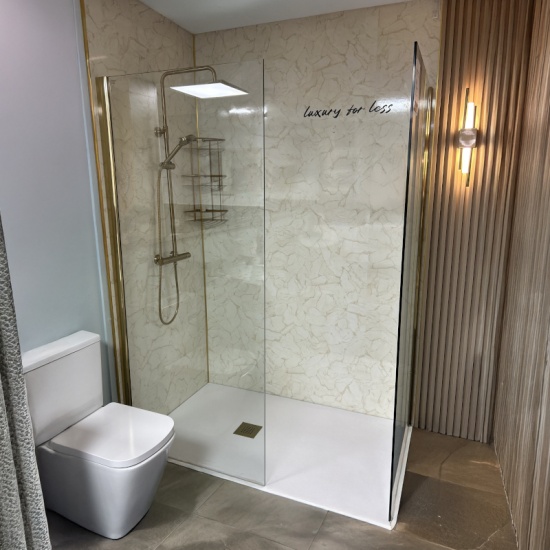 Showroom Lifestyle Image for Radiant Brushed Gold 1800 Walk-in Shower Enclosure for Recess with Slate Tray: Optional Hinge Panel, Waste