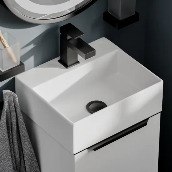 Small Bathroom Suite with 325mm Basin Unit & Back to Wall Toilet & Seat - Jivana White Cloakroom Suite - Gold Handles