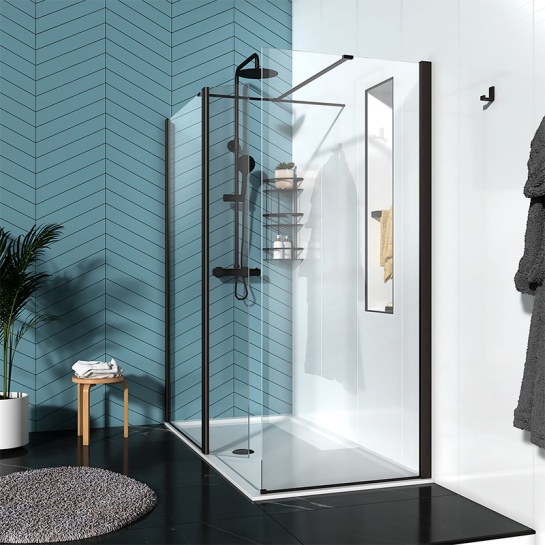 Product Image of Radiant Black 1300 Walk in Shower Enclosure with Side Panel for Corner