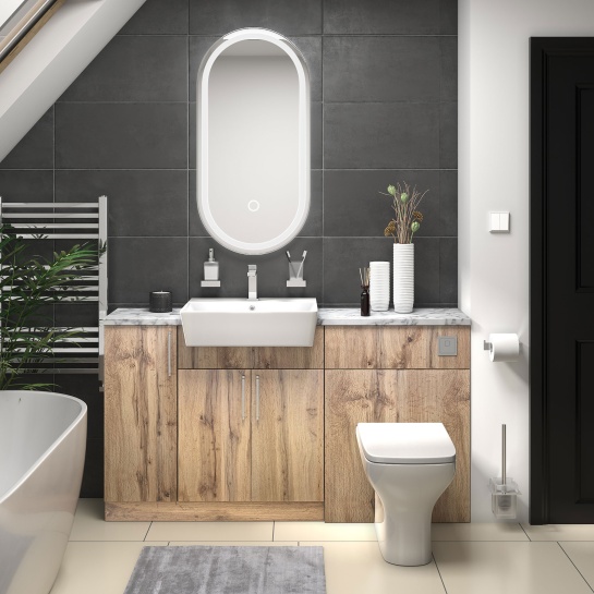 Oliver Oak Fitted Suite | White Marble Countertop | Chrome Handles, Basin Tap, Waste, Cistern & Flush Plate