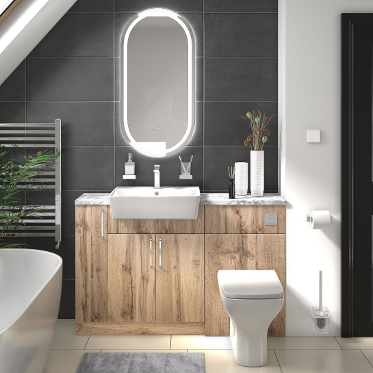 Oliver Oak Fitted Suite | White Marble Countertop | Chrome Handles, Basin Tap, Waste & Flush Button