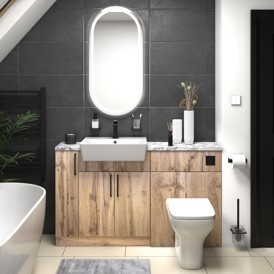 Oliver Oak Fitted Suite | White Marble Countertop | Black Handles, Basin Tap, Waste, Cistern & Flush Plate