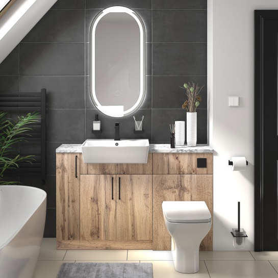 Oliver Oak Fitted Suite | White Marble Countertop | Black Handles, Basin Tap, Waste & Flush Button