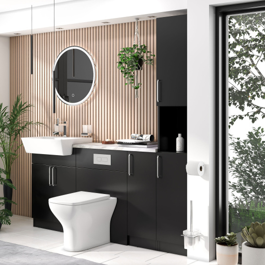 Oliver Matt Black Fitted Suite | White Marble Countertop | Chrome Handles, Basin Tap, Waste, Cistern & Flush Plate