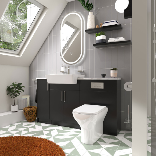 Oliver Matt Black Fitted Suite | White Marble Countertop | Chrome Handles, Basin Tap, Waste, Cistern & Flush Plate